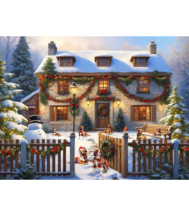 Dogs in a Christmas Cottage Garden 1000 Piece Jigsaw Puzzle