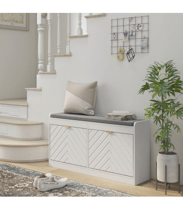 HOMCOM Shoe Bench with 2 Flip Drawers, Cushion, 8 Pairs for Entryway White