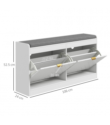 HOMCOM Shoe Bench with 2 Flip Drawers, Cushion, 8 Pairs for Entryway White