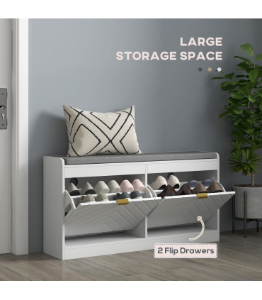 HOMCOM Shoe Bench with 2 Flip Drawers, Cushion, 8 Pairs for Entryway White