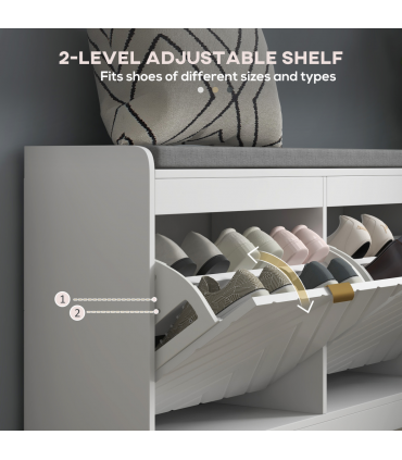 HOMCOM Shoe Bench with 2 Flip Drawers, Cushion, 8 Pairs for Entryway White