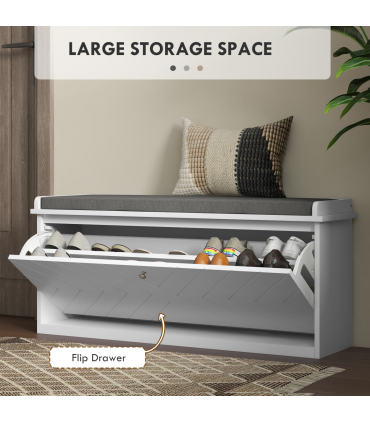 HOMCOM Shoe Bench with Flip Drawer, Cushion, 10 Pairs for Entryway White