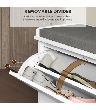 HOMCOM Shoe Bench with Flip Drawer, Cushion, 10 Pairs for Entryway White