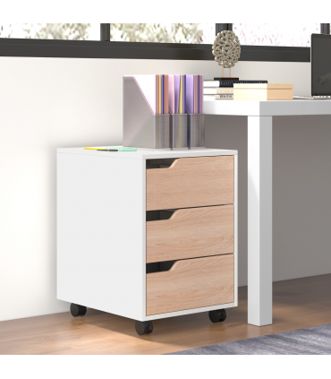 MDF Mobile File Cabinet w/ 3 Drawers Locking Wheels Metal Rails Oak Tone White