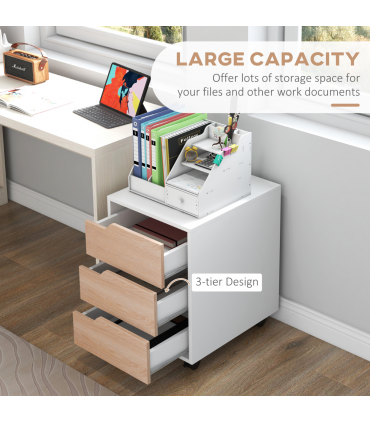MDF Mobile File Cabinet w/ 3 Drawers Locking Wheels Metal Rails Oak Tone White