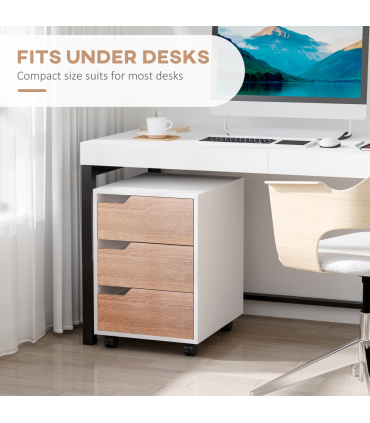MDF Mobile File Cabinet w/ 3 Drawers Locking Wheels Metal Rails Oak Tone White