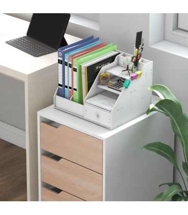 MDF Mobile File Cabinet w/ 3 Drawers Locking Wheels Metal Rails Oak Tone White