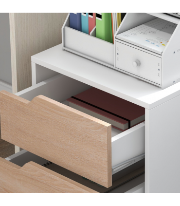 MDF Mobile File Cabinet w/ 3 Drawers Locking Wheels Metal Rails Oak Tone White