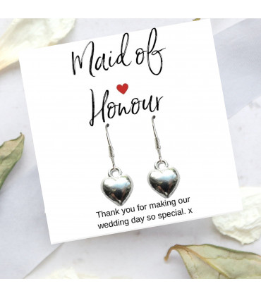 Maid of Honour Heart Earrings & Thank You Card Gift