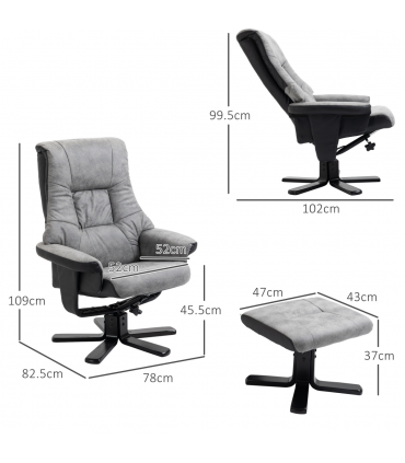 Manual Recliner Sofa With Footrest 360 Swivel Sofa Armchair Faux Leather Grey