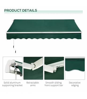 Manual Retractable Awning Garden Shelter Canopy 3 x 2m Green
