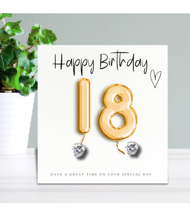 18th Birthday Cubic Zirconia Stud Earrings & Gold Balloons Gift Card