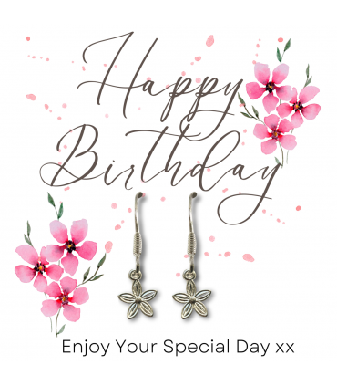 Happy Birthday Pink Flowers Gift Card & Dahlia Flower Drop Earrings
