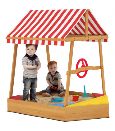 AIYAPLAY Wooden Kids Sandpit with Canopy, Seats, Rudder & Bottom Liner