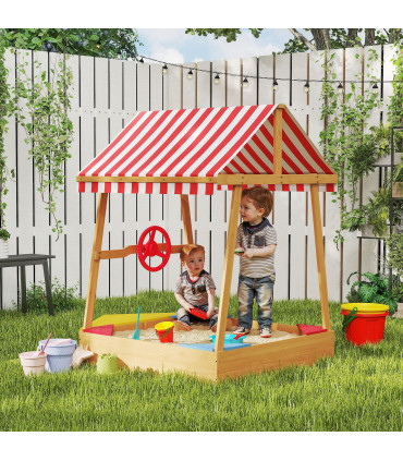AIYAPLAY Wooden Kids Sandpit with Canopy, Seats, Rudder & Bottom Liner