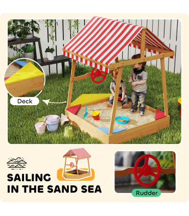 AIYAPLAY Wooden Kids Sandpit with Canopy, Seats, Rudder & Bottom Liner