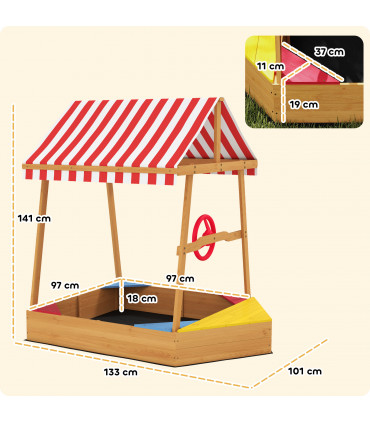 AIYAPLAY Wooden Kids Sandpit with Canopy, Seats, Rudder & Bottom Liner
