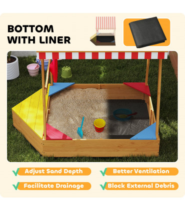 AIYAPLAY Wooden Kids Sandpit with Canopy, Seats, Rudder & Bottom Liner