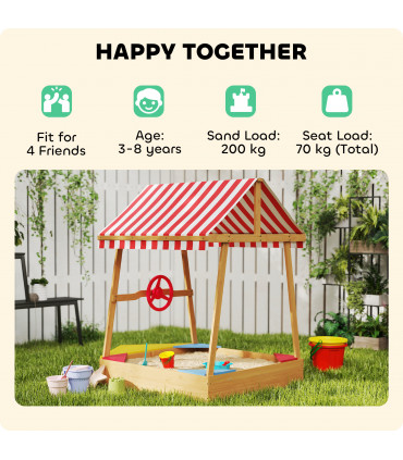 AIYAPLAY Wooden Kids Sandpit with Canopy, Seats, Rudder & Bottom Liner