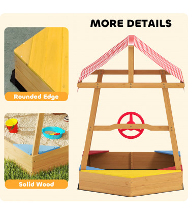 AIYAPLAY Wooden Kids Sandpit with Canopy, Seats, Rudder & Bottom Liner