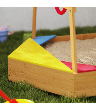 AIYAPLAY Wooden Kids Sandpit with Canopy, Seats, Rudder & Bottom Liner