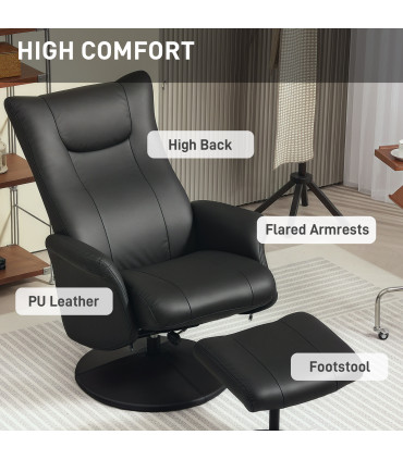 Comfort Plus Reclining Armchair & Stool Set - 360° Swivel, Black PU Leather
