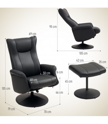 Comfort Plus Reclining Armchair & Stool Set - 360° Swivel, Black PU Leather