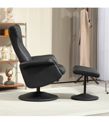 Comfort Plus Reclining Armchair & Stool Set - 360° Swivel, Black PU Leather
