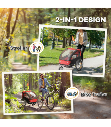 HOMCOM 2 Seat Bike Trailer with 5 Point Harness, for 18+ Months, Red