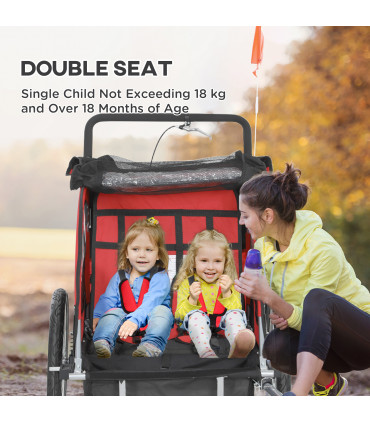 HOMCOM 2 Seat Bike Trailer with 5 Point Harness, for 18+ Months, Red