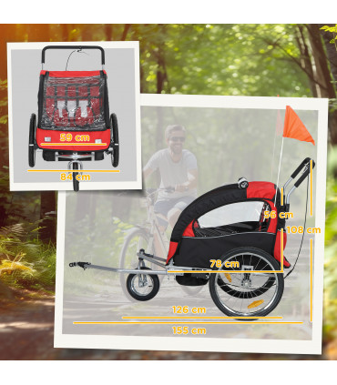 HOMCOM 2 Seat Bike Trailer with 5 Point Harness, for 18+ Months, Red