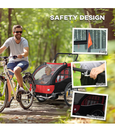 HOMCOM 2 Seat Bike Trailer with 5 Point Harness, for 18+ Months, Red