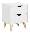 Elegant White Nightstand with Two Drawers and Natural Wood Legs