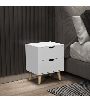 Elegant White Nightstand with Two Drawers and Natural Wood Legs