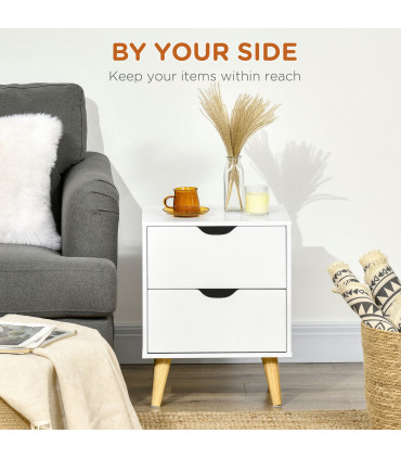 Elegant White Nightstand with Two Drawers and Natural Wood Legs