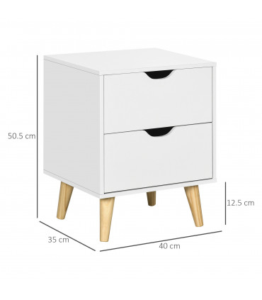 Elegant White Nightstand with Two Drawers and Natural Wood Legs