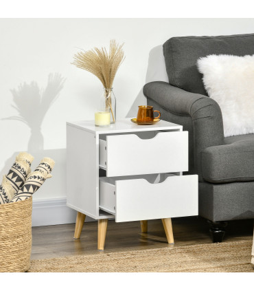 Elegant White Nightstand with Two Drawers and Natural Wood Legs
