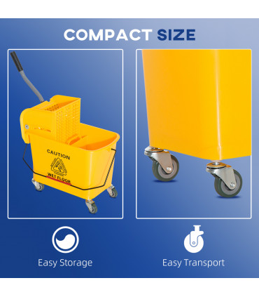HOMCOM 20L Mop Bucket with Wringer Handle on Wheels for Cleaning Yellow