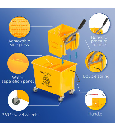 HOMCOM 20L Mop Bucket with Wringer Handle on Wheels for Cleaning Yellow