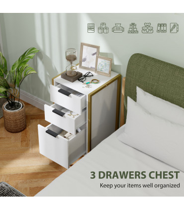 HOMCOM Industrial 3-Drawer Bedroom Chest of Drawers with Metal Frame, White