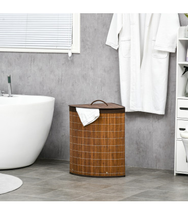 HOMCOM 55L Bamboo Corner Laundry Hamper Bamboo Laundry Basket Brown