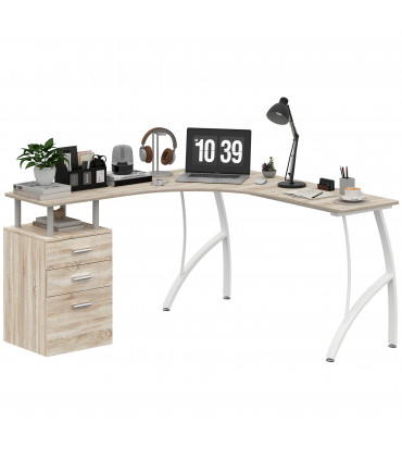 HOMCOM L-Shaped Corner PC Desk Table w/ Drawer Home Office Workstation, Oak