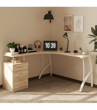 HOMCOM L-Shaped Corner PC Desk Table w/ Drawer Home Office Workstation, Oak