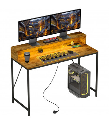 HOMCOM Computer Desk with LED Lights, Study Table with Shelf, Rustic Brown