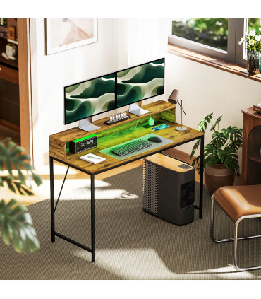 HOMCOM Computer Desk with LED Lights, Study Table with Shelf, Rustic Brown