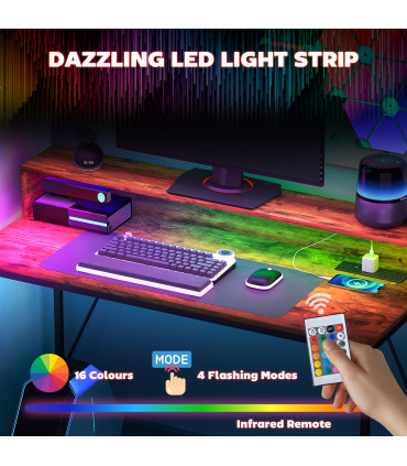 HOMCOM Computer Desk with LED Lights, Study Table with Shelf, Rustic Brown