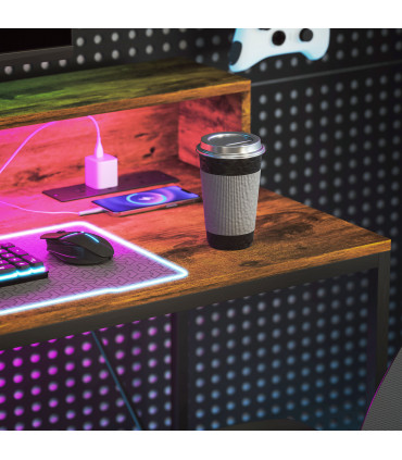 HOMCOM Computer Desk with LED Lights, Study Table with Shelf, Rustic Brown