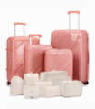 4-Piece Luggage Set with 2-Piece Handbag & 8-Piece Toiletry Kit – Rose Gold PP Suitcase + Beige Travel Accessories