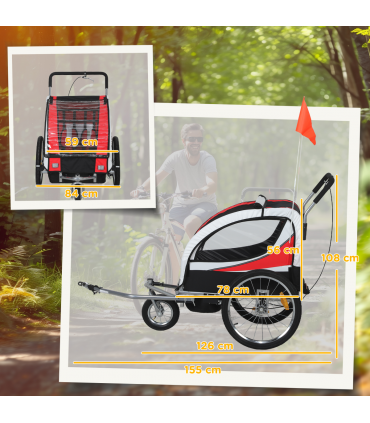 HOMCOM 2 Seat Child Bike Trailer, Baby Bicycle Trailer for 2 Kids, Red