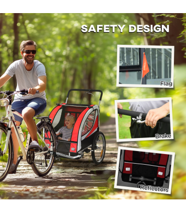 HOMCOM 2 Seat Child Bike Trailer, Baby Bicycle Trailer for 2 Kids, Red